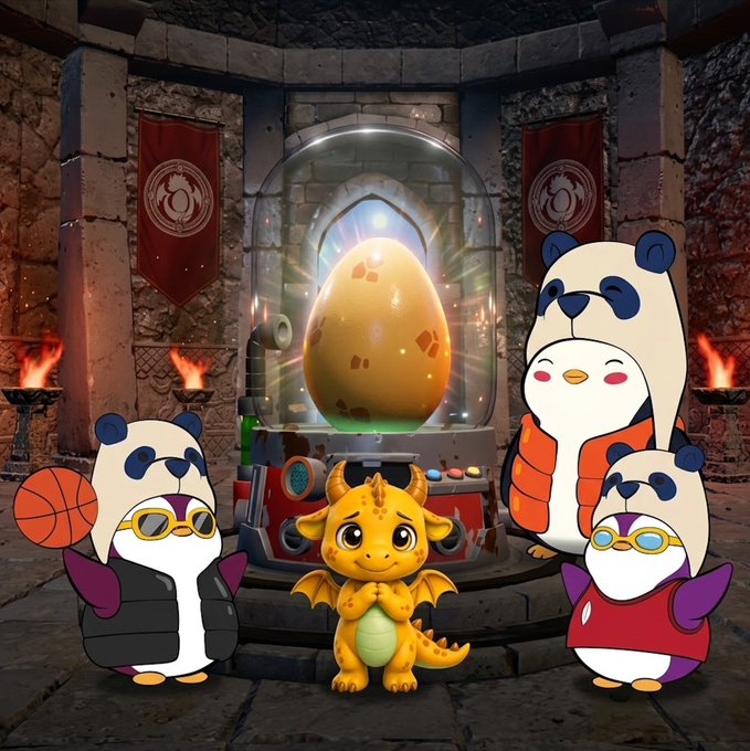 A digital illustration featuring three cartoon panda characters in various outfits posing alongside a small orange dragon in front of a large glowing egg encased in a glass dome within a stone chamber.