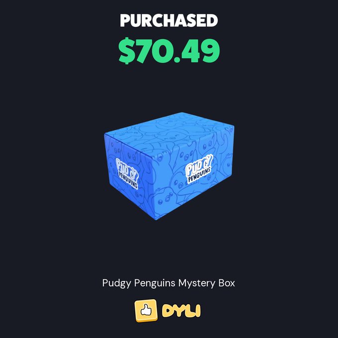 A graphic showing a 'Pudgy Penguins Mystery Box' purchase confirmation for $70.49, displayed with a blue patterned box and the OWL NFT logo.