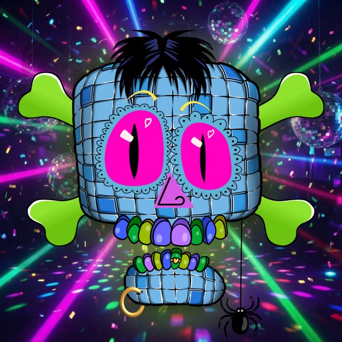 A surreal digital artwork of a disco ball-skull with large pink eyes containing heart pupils, colorful teeth, green bone-shaped extensions, and a small black spider hanging below, set against a party background with neon lights and confetti.