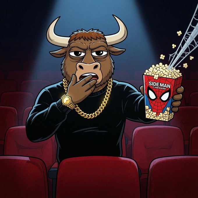 The image features a cartoon bull holding a popcorn bucket with "SideMan" written on it, sitting in an auditorium filled with red seats. The bull appears to be eating the popcorn from the bucket while wearing a gold chain around its neck. The caption of the image reads "Cinemark really said drink directly from the web blast Delusional Bulls don' ask questions They just hold the bag and keep going @bullthemarket #Memecoin $BONK".