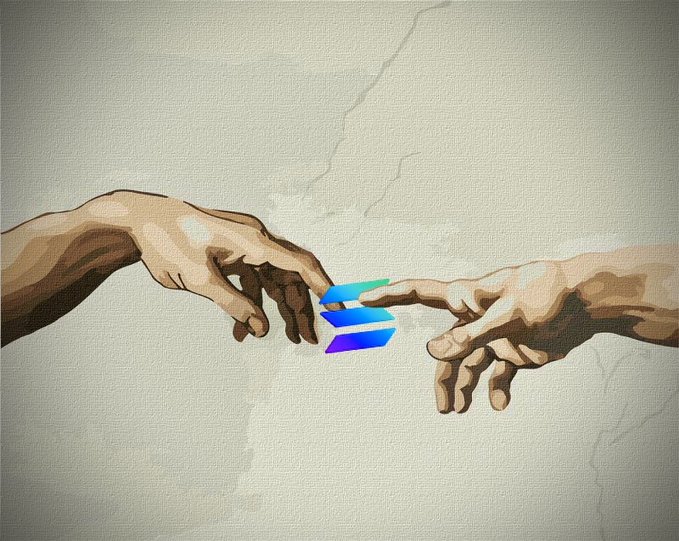The image features two hands reaching out towards each other, with one hand holding a blue cube or block symbolizing the concept of "SOL" (stock options). The background appears to be a white canvas or paper, which could represent the idea of generational wealth and financial security. The caption above the image reads: "All you need to do to acquire generational wealth is just get a few thousand SOL at the lows and never sell it".