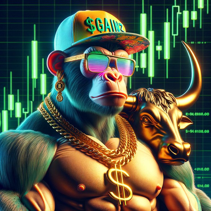 The image features a muscular man with a gold chain around his neck, wearing sunglasses and a baseball cap. He has a bull's head on one side of him. The background shows a graph with stock symbols, indicating that this image might be related to finance or investing. The caption "Super bullish #cro" suggests that the man is associated with a bullish market or financial theme.
