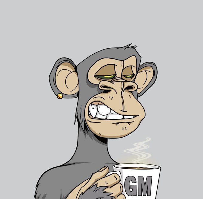 An illustration of a grumpy-looking cartoon monkey with gray fur holding a steaming mug that says 'GM', with half-closed eyes and a slight smile against a gray background.