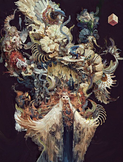 An elaborate, detailed artwork features a central figure surrounded by intricate, surreal elements including flowers, feathers, and mythical creatures against a dark background.