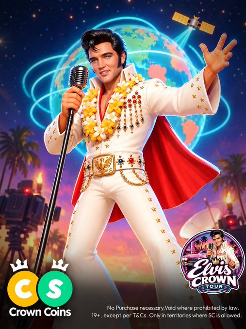 An illustration of Elvis Presley in a white jumpsuit and red cape holding a microphone, promoting the 'ELVIS CROWN TOUR' alongside 'Crown Coins' and small legal disclaimers.