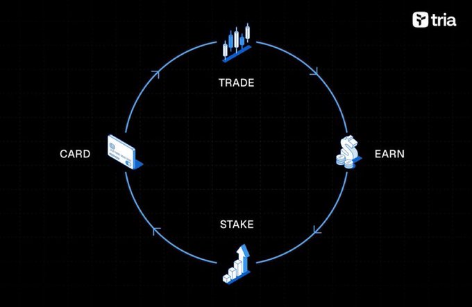 The image features a circular diagram that highlights four main elements, each with its own unique symbol. These elements include Trade card, Card, Stake, and Earn. The text above these symbols reads "A lot of crypto products compete for your attention". The text below the diagram says "@useTria competes for your entire financial workflow", and at the bottom of the image, there is a link to the original post that provides further information about Trade Card in relation to the current post.