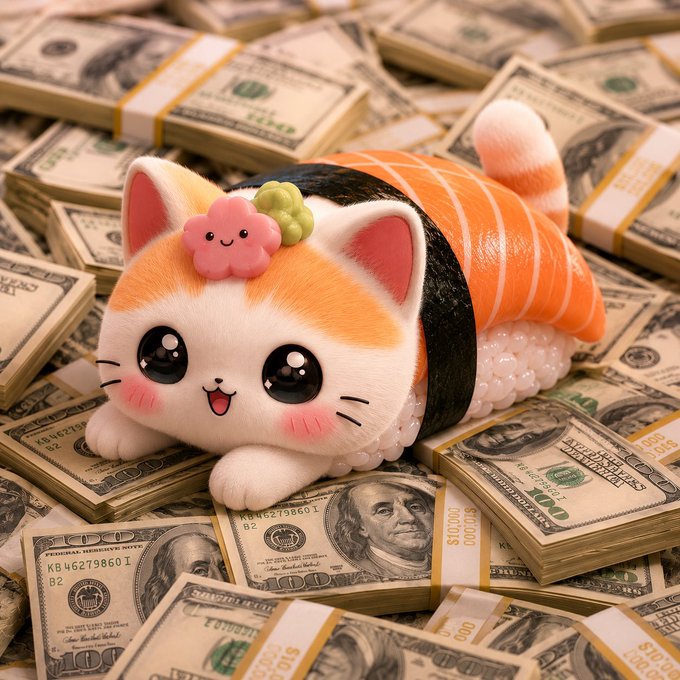 A cute sushi-shaped cat figurine resting on stacks of bundled US $100 bills.