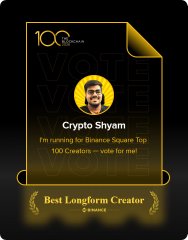 A black-and-gold creator award plaque shows a portrait and the text “Crypto Shyam,” “I’m running for Binance Square Top 100 Creators – vote for me!,” “Best Longform Creator,” and “6 CRYPTO.”