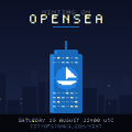A promotional graphic for the "OPENSEA" NFT Drop, featuring a blue ticket-style design with a sailboat illustration in the center. The text reads "MINT IS NOW LIVE - DROP OPENSEA" with details "BASE/XDAI - 22 WALLET, 21:00 UTC," aligning with the post's announcement that minting is live and keys can be claimed for free.