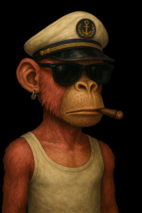 A 3D-rendered reddish-brown monkey wearing a white sailor's cap with an anchor emblem, black sunglasses, a white tank top, and an earring, with a cigar in its mouth against a black background.