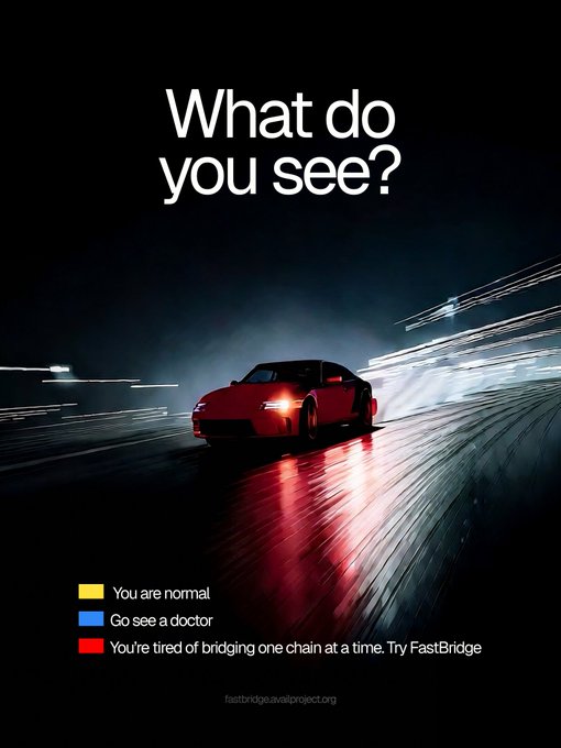 A dramatic nighttime advertisement features a red sports car speeding with motion blur, asking "What do you see?" with three color-coded responses: yellow ("You are normal"), blue ("Go see a doctor"), and red ("You're tired of bridging one chain at a time. Try FastBridge"), directing viewers to fastbridge.availproject.org. The red car imagery cleverly ties into the "seeing red" theme of cross-chain bridge frustration, equating the visceral reaction to a high-performance racing experience that FastBridge promises to solve.