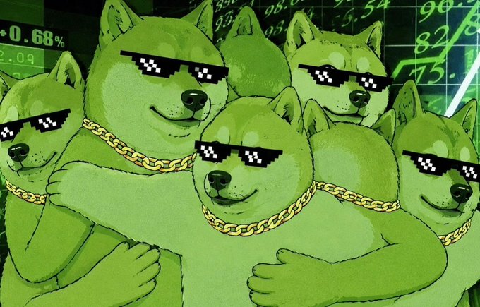 A group of green Shiba Inu dogs wearing pixelated sunglasses and gold chain necklaces pose confidently, set against a background of stock market charts displaying green numbers like "+0.68%" and "2.09."
