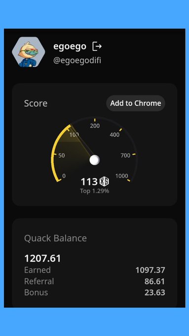 The image features a screen of a smartphone displaying a dashboard of gameplay statistics from an online game called Quack Balance. The dashboard includes several details, such as Quack balance score with the average being 120.7 points, earned points at over 100.61, and a top score of 1.28. There is also a discussion on Quack network that has grown to over 2000 users and more than 200 campaigns in progress. Some posts have been referred by Quack networks for users who are interested in gaming or new strategies they use.