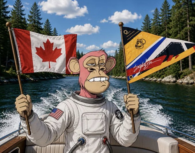 A cartoon monkey in an astronaut suit holds a Canadian flag and a yellow/red/blue flag while riding a boat through a forested lake.