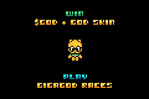 The image features an advertisement for a video game called "Gigaverse" which appears to be about a man and his dog, with a yellow cat playing the role of the man's companion or friend. The ad also mentions that there will be a contest involving God + God skin, where players can win $100. Additionally, it talks about Gigaverse x God: "Play Gigacod Races" to attract gamers who are interested in action-adventure games featuring a unique character design and gameplay mechanics.