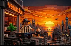 A Lego diorama depicts a coffee shop with a 'vertigo.fun' sign, where a barista stands behind a counter serving customers against a sunset cityscape backdrop.