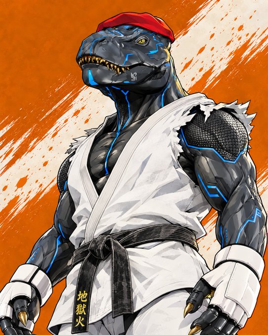 An anthropomorphic velociraptor wearing a red beret and a white martial arts gi with a black belt stands against an orange splatter background, featuring blue neon circuit-like markings on its dark scaly body and claws. The belt displays Japanese characters reading "地獄火" (Hellfire), aligning with the prompt's announcement of an anime-style PFP transformation for AZUKI by artist TribeCalledRex.