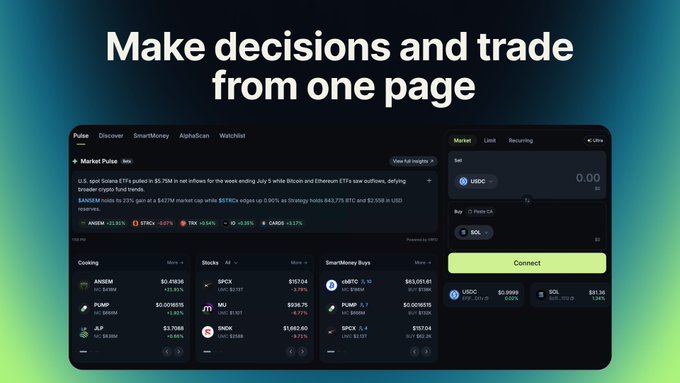 A promotional screenshot with the tagline 'Make decisions and trade from one page,' showing a trading dashboard with Market Pulse news, cryptocurrency prices (ANSEM, PUMP, BRCX, PEPE, BTC, SOL, JLP), and market data for USDC, SOL, BTC, BRCX, and JLP tokens.