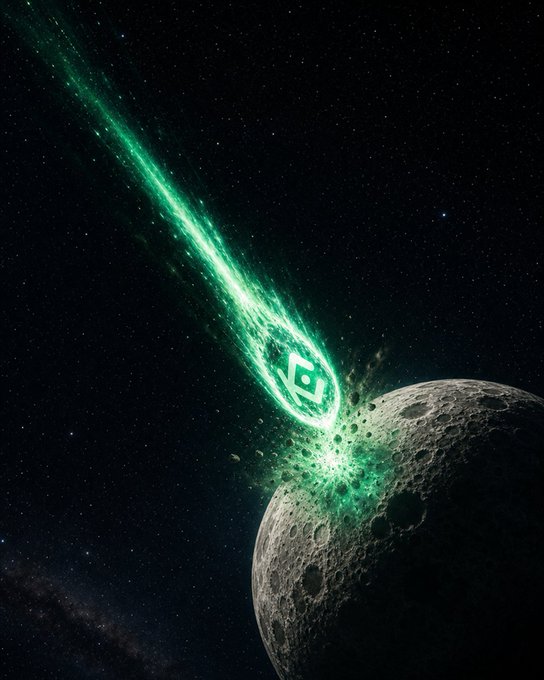 A glowing green meteor streaks down and crashes into the moon's surface, mirroring the post's metaphor of an unexpected green market surge ("green candle") impacting your investments with sudden, explosive force.