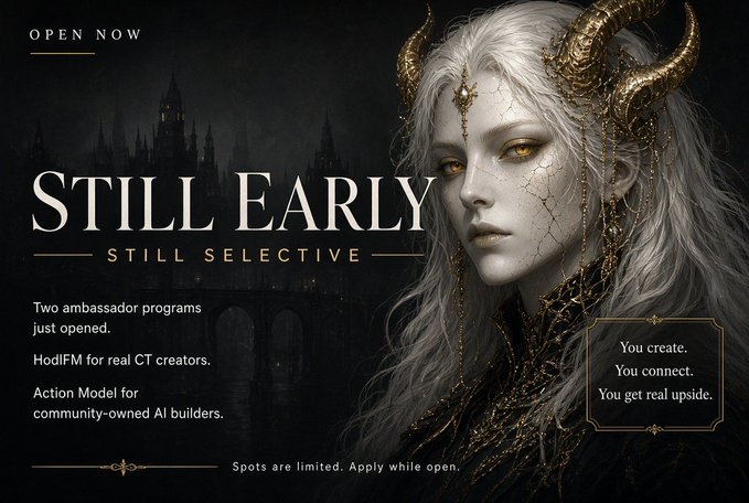 A dark fantasy promotional banner titled 'STILL EARLY, STILL SELECTIVE' featuring a horned, pale-skinned female figure, advertising two ambassador programs: HodIFM and Action Model.