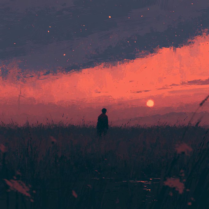 A painterly illustration of a lone figure standing in a grassy field at sunset, silhouetted against a vibrant orange and red sky with a glowing sun.