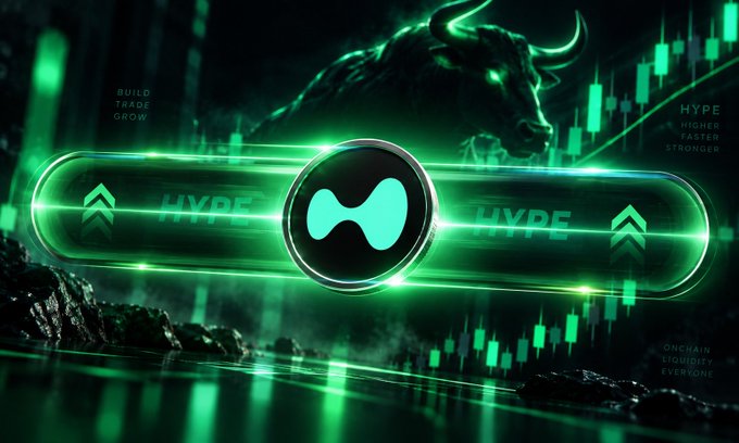 A glowing green 'HYPE' cryptocurrency logo featuring a bull head silhouette, surrounded by candlestick charts and text reading 'BUILD TRADE GROW', 'HIGHER FASTER STRONGER', and 'ONCHAIN LIQUIDITY EVERYONE'.