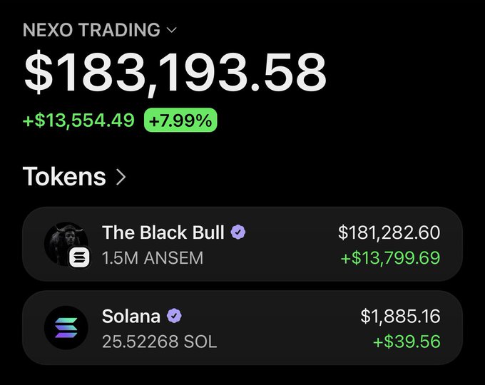 The image shows a Nexo Trading portfolio display totaling $183,193.58 (+$13,554.49, +7.99%), held entirely in just two assets: 1.5M ANSEM tokens via "The Black Bull" meme coin worth $181,282.60 and 25.52268 SOL worth $1,885.16. The post appears to be soliciting Solana airdrop entries, fitting the context of someone showcasing large crypto gains to attract engagement.