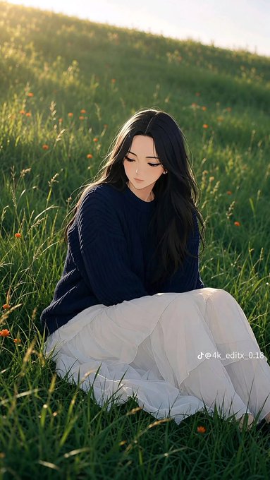 An anime-style illustration of a young woman with long dark hair wearing a navy sweater and white skirt, sitting peacefully in a sunlit field of grass and small orange flowers; tagged @4k_editz_0.18.