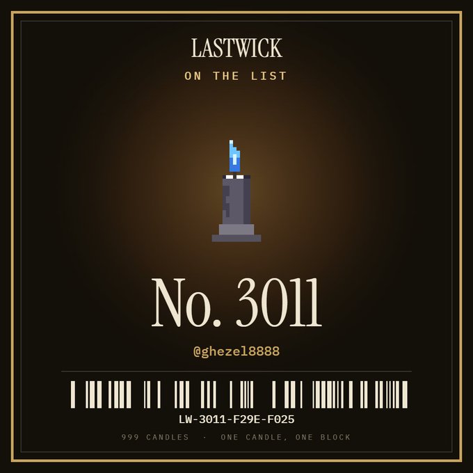 A dark graphic titled "LASTWICK ON THE LIST" featuring a candle icon, "No. 3011," the handle "@gheze18888," and a barcode with "999 CANDLES · ONE CANDLE, ONE BLOCK."