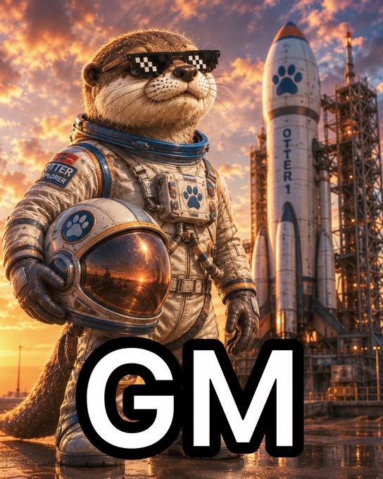 An AI-generated illustration of an otter astronaut wearing pixelated sunglasses and holding a helmet, standing in front of a rocket labeled 'OTTER 1' with 'GM' displayed prominently at the bottom.