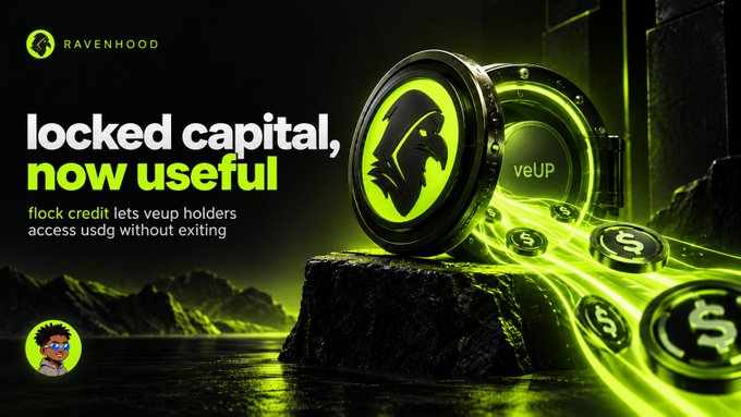 A promotional graphic for Ravenhood featuring the text 'locked capital, now useful' and 'flock credit lets veup holders access usdg without exiting,' alongside a glowing green raven logo on a circular device with coin-like elements.