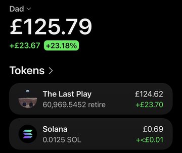 A portfolio screen displaying 'Dad' wallet with a balance of £125.79 (+£23.67, +23.18%), holding tokens 'The Last Play' (£124.62) and Solana (£0.69).
