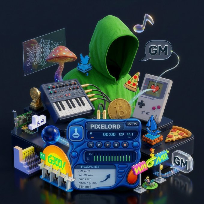 A vibrant 3D digital illustration of a hooded figure in green surrounded by tech and crypto items; visible text includes 'PIXELORD', 'PLAYLIST' (Gm.mp3, WGML.wav, coins.1x1, bitcoin.pump, ETH.mp3), 'GM', and 'WAGMI'.