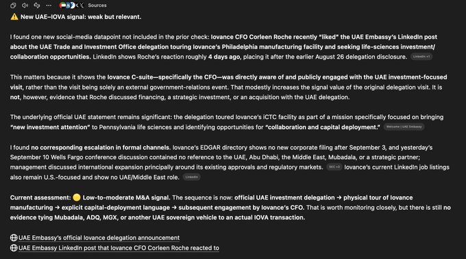 A screenshot of an AI-generated research report about Iovance Biotherapeutics (IOVA) following an alert about CFO Corleen Roche "liking" a UAE Embassy LinkedIn post regarding a UAE Trade delegation's tour of Iovance's Philadelphia manufacturing facility. The report assesses a "low-to-moderate M&A signal" based on the sequence of delegation visit → social engagement by Iovance CFO, while noting no formal corporate filings or explicit capital deployment discussion have emerged yet.