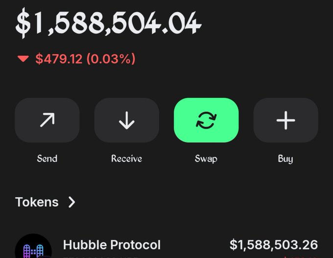 A Trust Wallet balance screen displays a portfolio value of **$1,588,504.04**, showing a slight decrease of $479.12 (0.03%), with the bulk of holdings in Hubble Protocol ($1,588,503.26). The post humorously reacts to the seven-figure balance as if it were a shocking glitch causing emotional distress.
