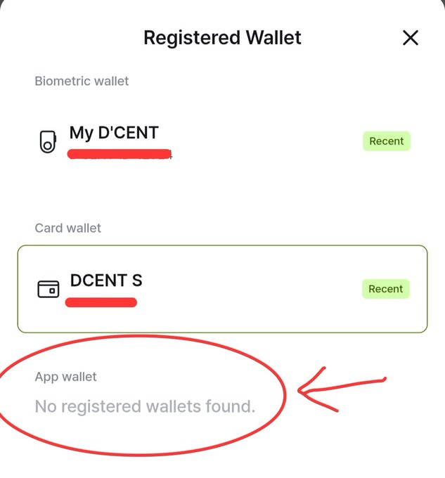 The image shows a "Registered Wallet" screen listing a Biometric wallet ("My D'CENT") and Card wallet ("DCENT S"), both marked "Recent," while highlighting that no App wallets are registered. This visually reinforces the post's warning that users relying on the DCENT app wallet alone need to follow extra security steps, unlike those using the Biometric or Card hardware wallets.