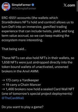 A screenshot of an X post by @OxSimpleFarmer announcing that StonkBrokers NFT holders can now store 1,658 NFTs and 1,466 bonded wallets, including a special sealed Card Wall NFT project by @TheCardWall.