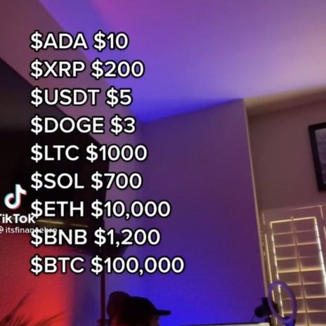 A TikTok video displays cryptocurrency price predictions: ADA $10, XRP $200, USDT $5, DOGE $3, LTC $1000, SOL $700, ETH $10,000, BNB $1,200, and BTC $100,000.