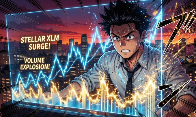 An anime-style illustration of a stressed character looking at stock charts with the text 'STELLAR XLM SURGE! VOLUME EXPLOSION!' against a city skyline at sunset.