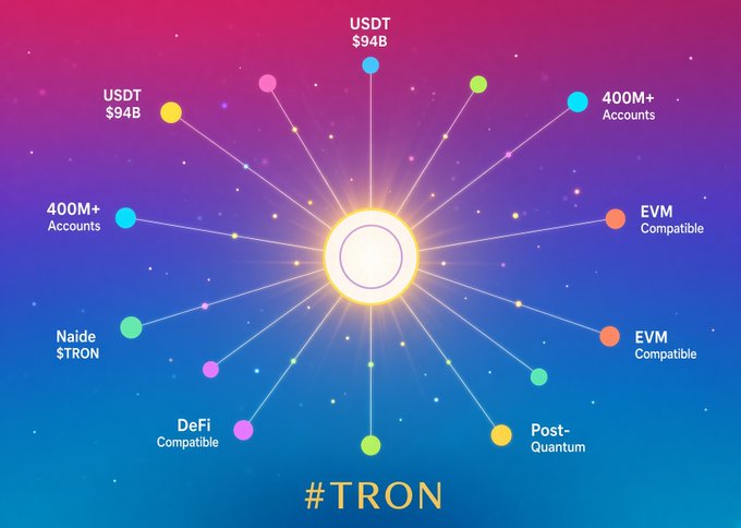 An infographic highlighting TRON blockchain features radiating from a central sun-like graphic, including stats like 'USDT $94B', '400M+ Accounts', 'Naide $TRON', 'EVM Compatible', 'DeFi Compatible', and 'Post-Quantum' against a colorful gradient background with the hashtag '#TRON'.