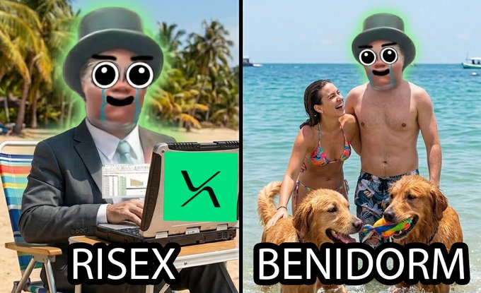 A split image contrasts two lifestyle options: on the left, a man in a suit labeled "RISEX" works on a laptop with a green screen, while on the right, a shirtless man wearing a top hat and mustache laughs on a beach with two golden retrievers and a woman, labeled "BENIDORM." The post explains that Risex involves paying commissions but multiplying capital, while Benidorm vacations involve spending money on hotels and restaurants with no return.