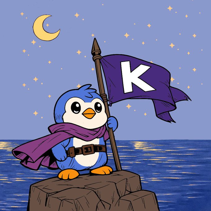 The image features a cartoon penguin standing on a rock, holding a flag that has "K" written on it. The background of the image shows a night sky with stars, giving the impression that the scene takes place at night or during nighttime hours. The text in the image reads "GM CT Happy sunday Freelancers remote workers and digital nomads. This one is for you KAST just added USD and EUR account details inside the app You can now share real bank-style details with your clients employers or platforms".