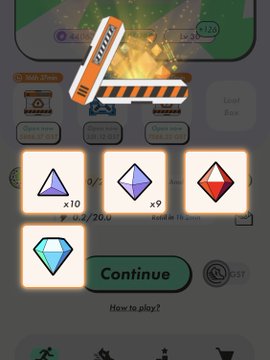 A mobile game rewards screen showing opened loot boxes with four gem rewards (×10, ×9, ×6, ×1) and a 'Continue' button.
