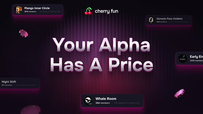 A promotional banner for "cherry fun" featuring the tagline "Your Alpha Has A Price" alongside preview cards of paid calls groups such as Mango Inner Circle (1214 members), Genesis Pass Holders (498 members), Early En... (2418 members), Night Shift (90 members), and Whale Room (364 members), visually illustrating the post's message that Cherry displays these groups' real trading performance to subscribers before they pay.