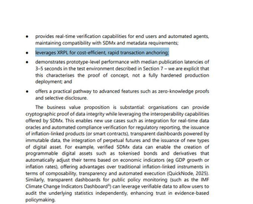 A text excerpt discussing blockchain/SDFI compliance, with a highlighted phrase 'leverages XRPL for cost-efficient, rapid transaction anchoring' discussing verification for regulators and climate indicators.