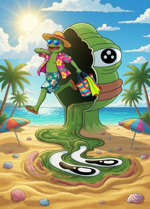 A cheerful cartoon Pepe the Frog in tropical beach attire—sunglasses, straw hat, and floral shirt—steps out of a giant slime-covered shell onto a sandy shore, carrying a colorful beach bag. The image whimsically illustrates the post's advice to "buy the dip and touch grass," blending the $Pepe meme with a literal scene of Pepe enjoying a sunny day at the beach.