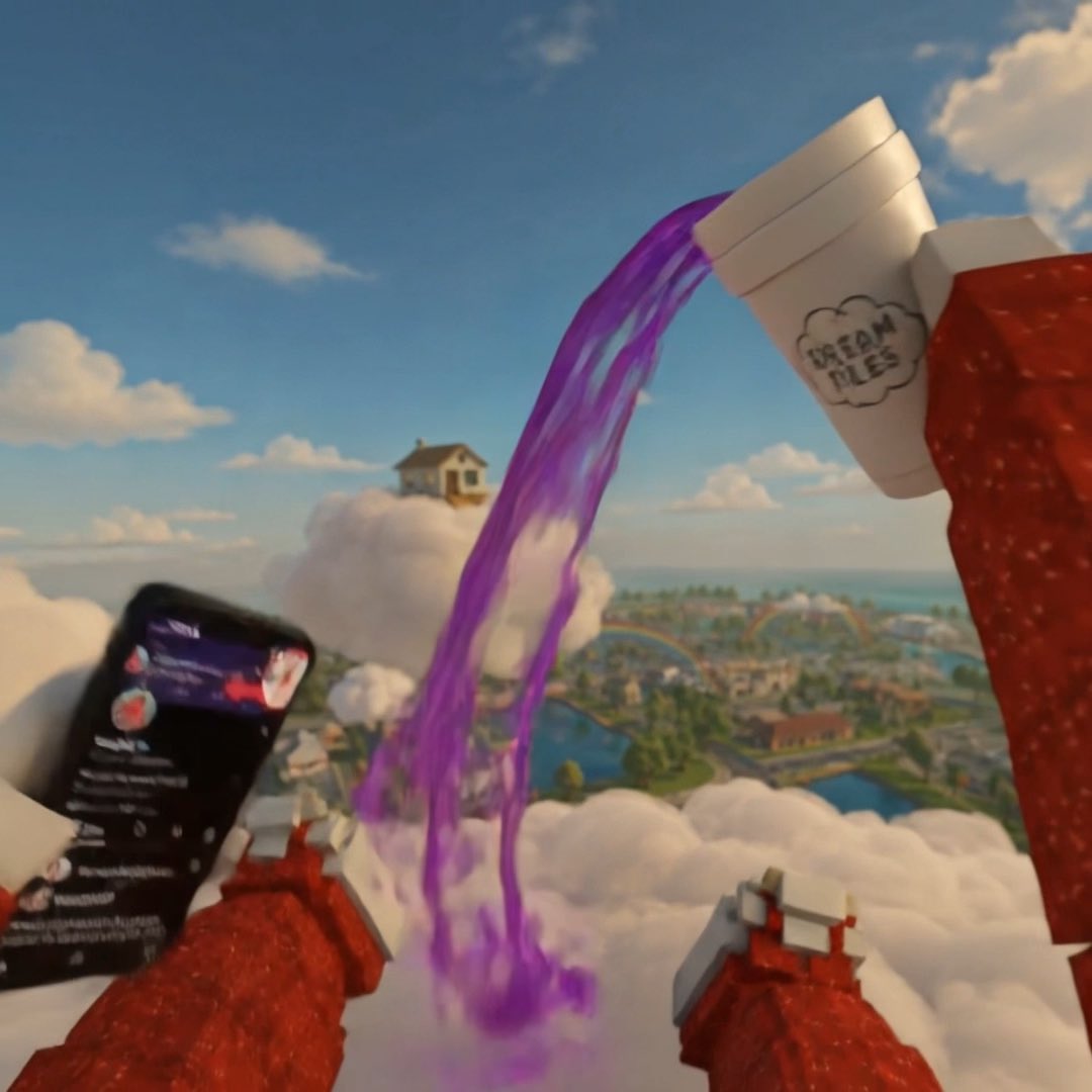 The image shows a first-person perspective from above the clouds, with a hand holding a "CREAM FILES" cup pouring purple liquid toward a miniature landscape below, while another hand displays a phone screen. The dreamlike, surreal scene appears to be a promotional visual accompanying the free NFT mint announcement for @WAPITAL3.