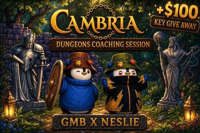 A promotional graphic for a 'CAMBRIA Dungeons Coaching Session' featuring two penguin characters in wizard attire, offering a +$100 key giveaway for 'GMB X NESLIE'.