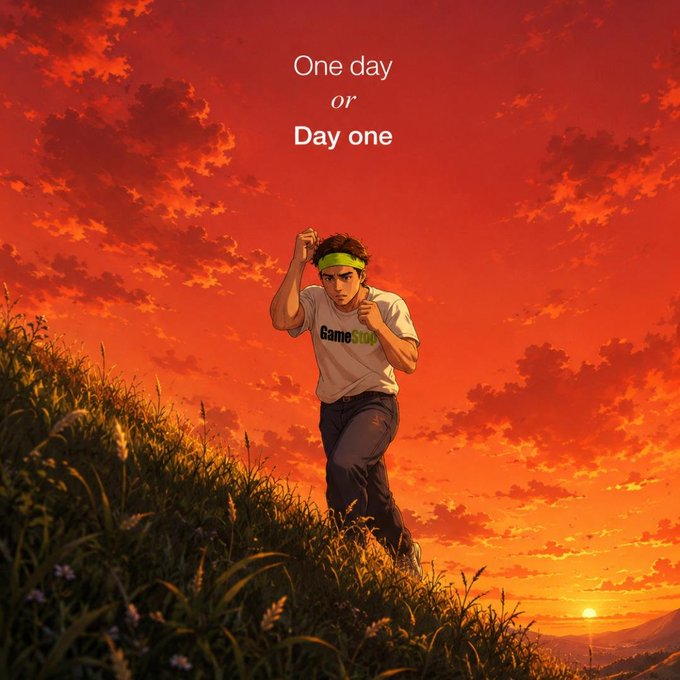 An anime-style illustration depicts a young man running up a grassy hill against a vibrant red and orange sunset sky, wearing a 'GameStop' t-shirt and green headband, with the text 'One day or Day one' above him.