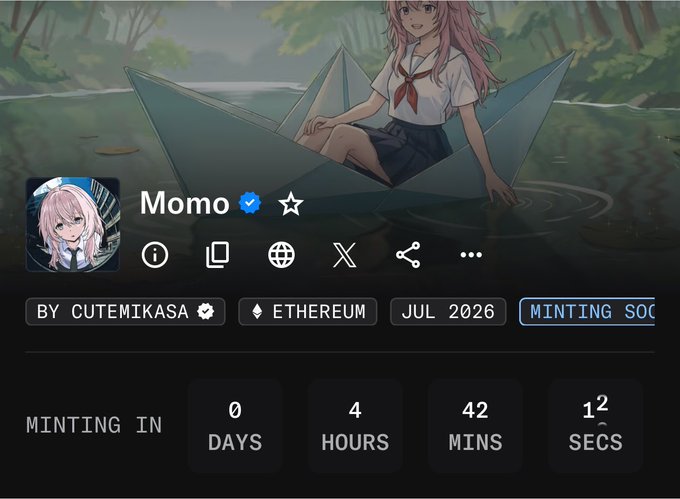 The image shows a mint countdown page for an NFT called "Momo" by CUTE MIKASA on Ethereum, with minting set to begin in 0 days, 4 hours, 42 minutes, and 12 seconds (July 2026). The page features an anime-style girl with pink hair sitting in a paper boat, matching the @momoyumemi character referenced in the post about the upcoming OpenSea mint at 0.0075 ETH.